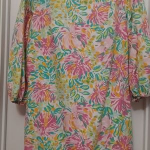Lilly Pulitzer pink/green floral, 3/4 sleeve, zippered vneck dress. Size 14.